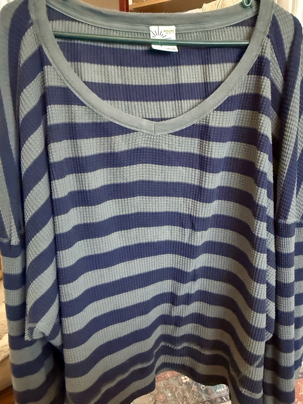 Aerie Striped Long Sleeve V-Neck Top in Blue and Green